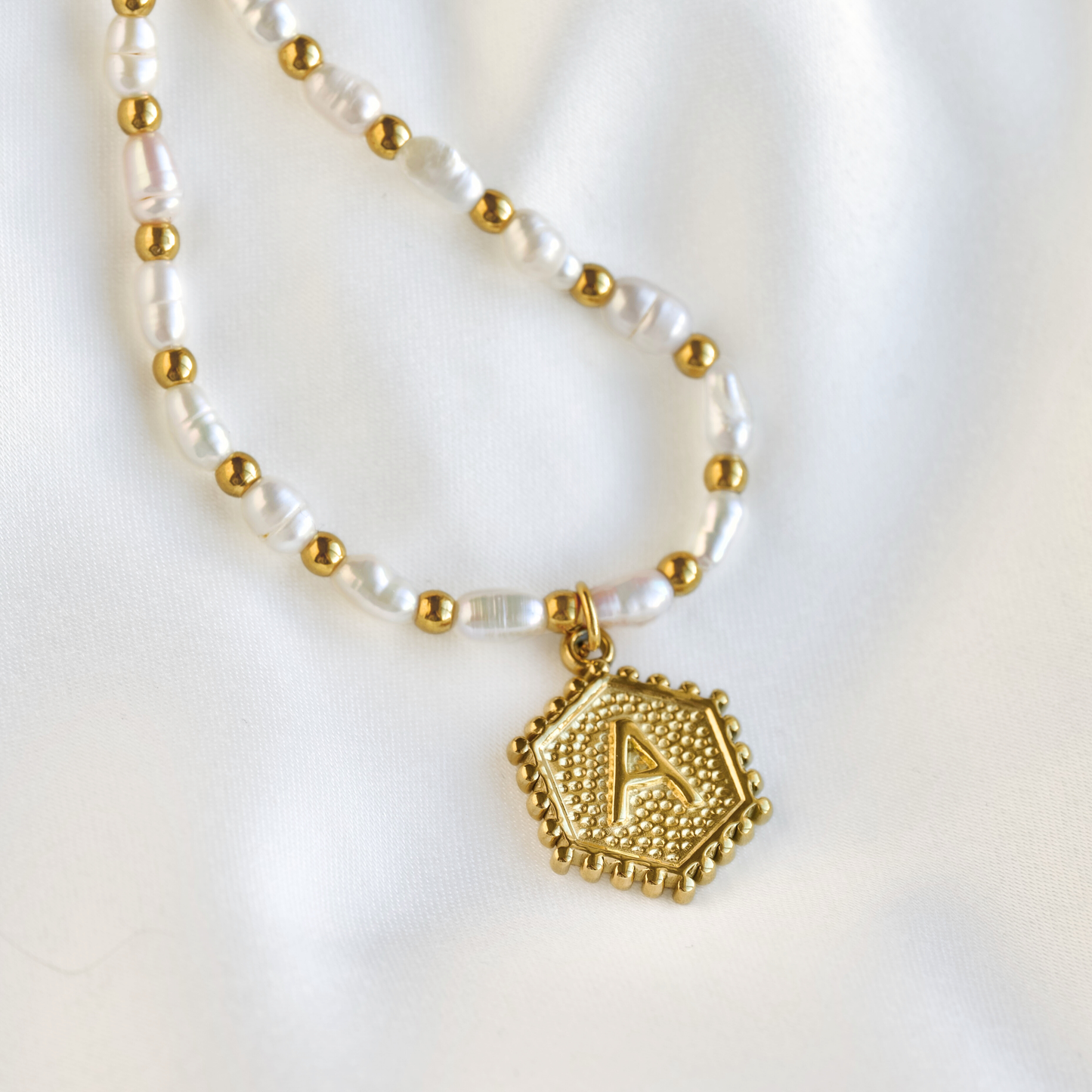 Hexagon Initial Necklace - Stainless Steel & Natural Pearl