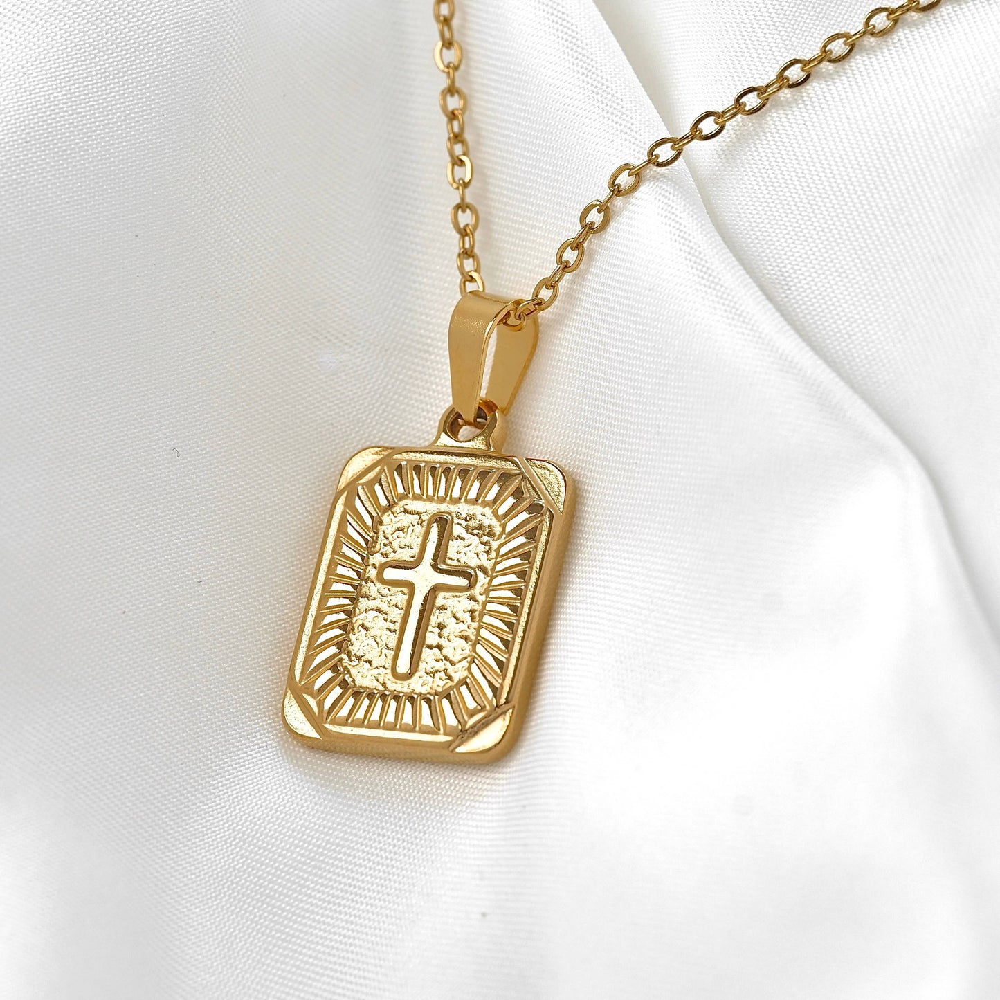 Textured Cross Tablet Necklace - 18k Gold Stainless Steel