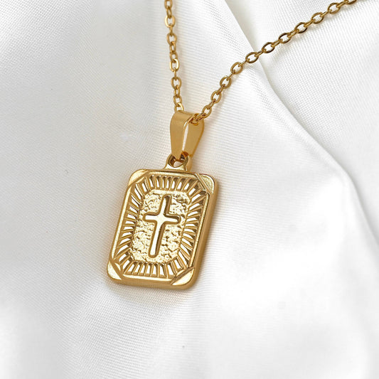 Textured Cross Tablet Necklace - 18k Gold Stainless Steel