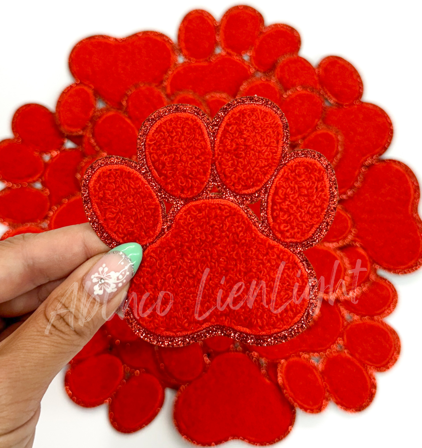 Red chenille paw print trucker hat patch iron on