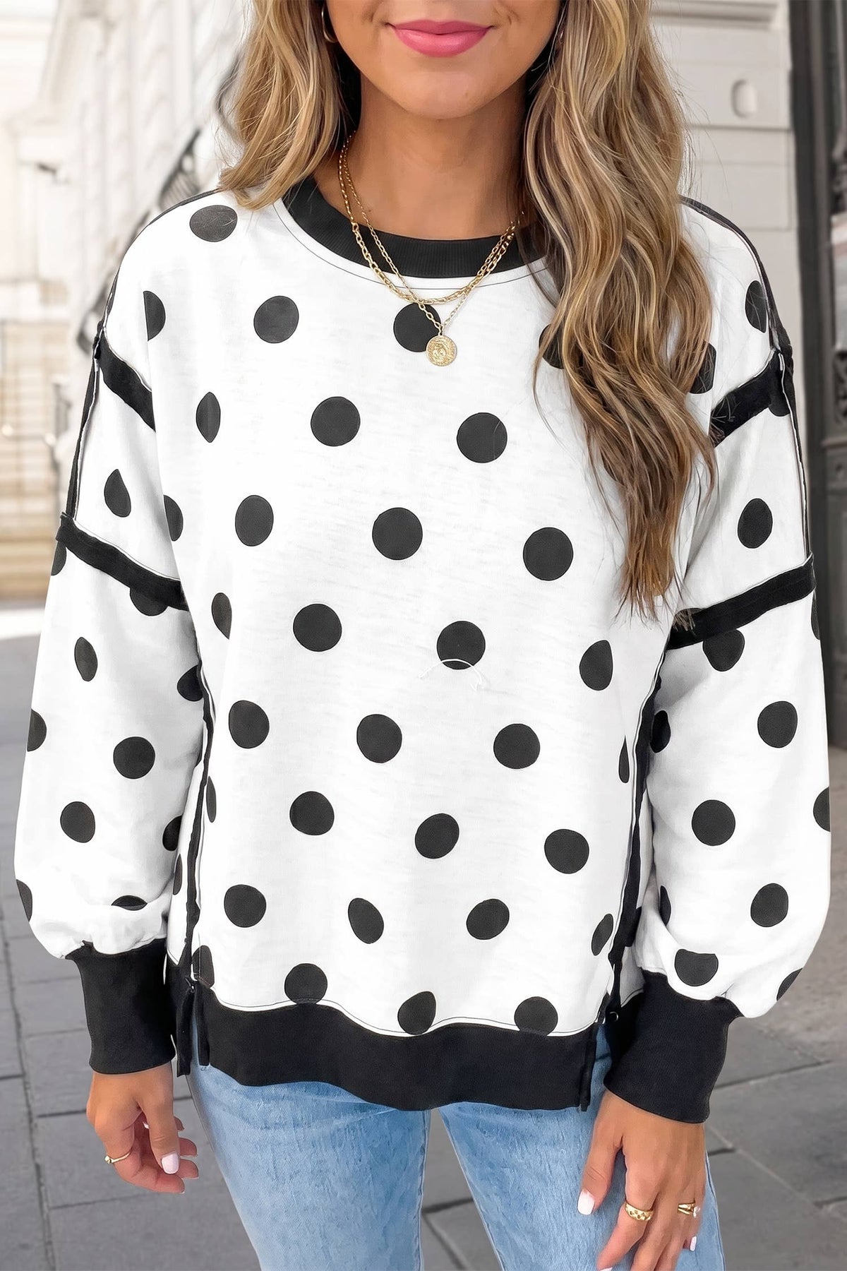 Polka Dot Contrast Trim Long SLeeve Sweatshirt | S-XL